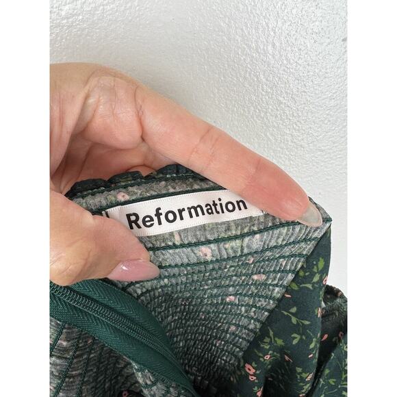 Reformation Green Floral Print Kenzi Dress Size 12 Puff Sleeve Babydoll Mini - Picture 10 of 12